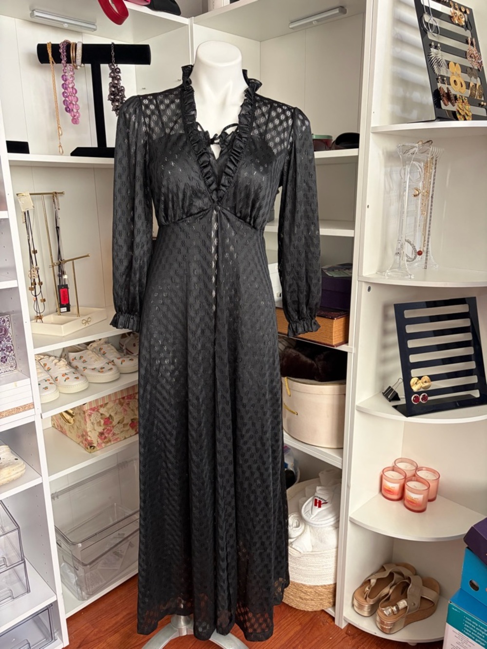 Vintage Sears Black Polyester Sheer Nightgown With Robe Negligee Long Gown Set S